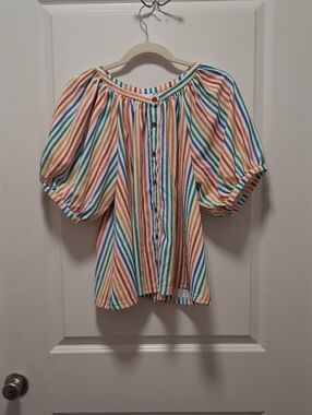 Rare Find! Rainbow Stripe Button-Front Puff Sleeve Top